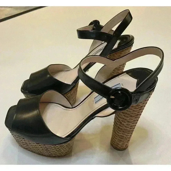 Prada Platform Sandals Wicker Black Patent Leather High Heels Pumps EU 40 US 10 - Picture 2 of 16